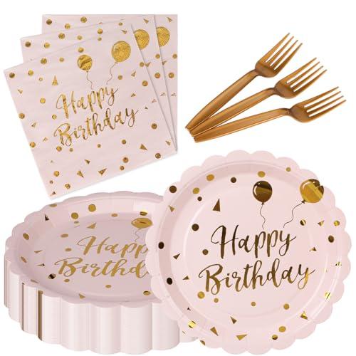 105PCS Happy Birthday Plates and Napkins Party Supplies, Scalloped Paper Plates and Napkins with Forks Tableware Set for Birthday, Serve 35 (Light pink)