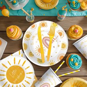 Sunshine 1st Birthday Decorations Tableware - Boho First Trip Around The Sun Birthday Decorations Party Supplies, Paper Plate, Cup, Napkin, Tablecloth, Cutlery | Serves 14