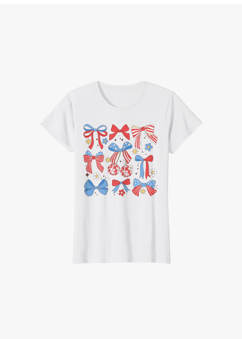 Coquette Red White & Blue Patriotic Bows Retro July 4th T-Shirt, Size M