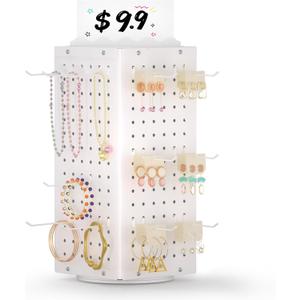 Urban Deco 360 Rotating Pegboard Display Stand with Signage, 4-Sided Spinning Peg Board Stand with 24 Hooks for Jewelry, Earring & Keychain Holder Displays for Craft Shows & Vendor Events (White)