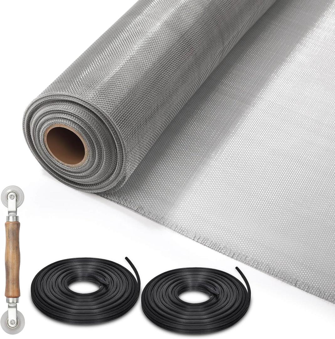 Aluminum Screen Roll with Spline & Rolling Tool Pet-Resistant Durable Aluminum Window Screen, Screen Repair Kit for Rescreening Windows and Doors, 36" x 200"