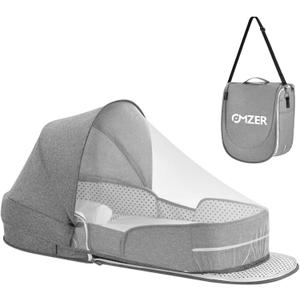 omzer Baby Travel Bassinet Portable Bassinets - Foldable Baby Co-Sleeping Bed Lightweight Travel Pod Infant Travel Bed with 2-1 Mosquito & Canopy Grey