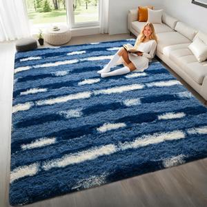 8x10 Feet Area Rugs for Living Room Bedroom,Blue and White Machine Washable Soft Fluffy Shaggy Indoor Rug, Floor Carpet for Girls Boys Kids, Dorms, Nursery Rooms, Home Decor Aesthetic