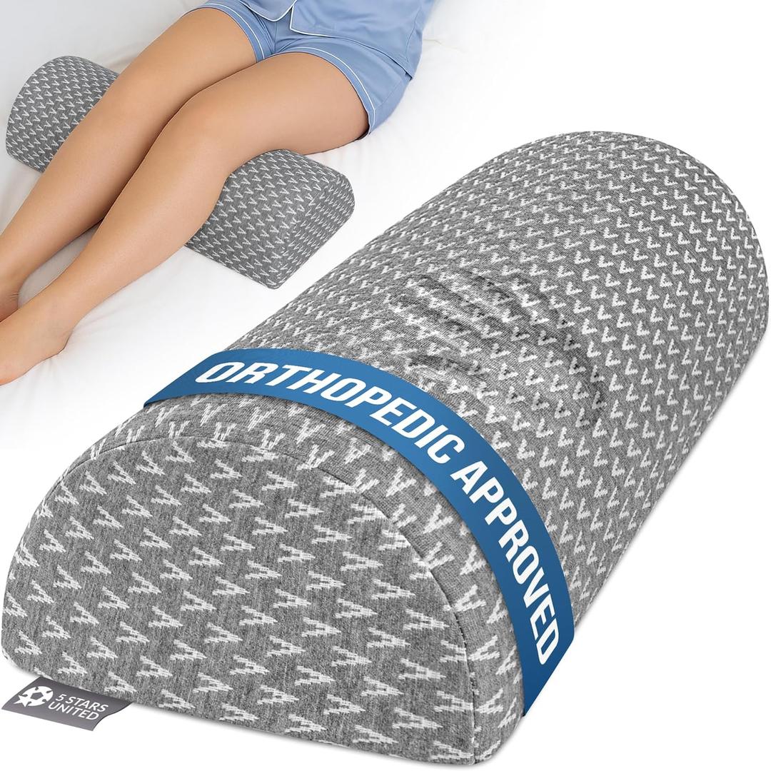 5 STARS UNITED Knee Pillow for Back Sleeping  Memory Foam Cushion for Sciatica Pain Relief  Under Leg Support for Sleeping on Back  Large Half Moon Bolster for Bed, Grey