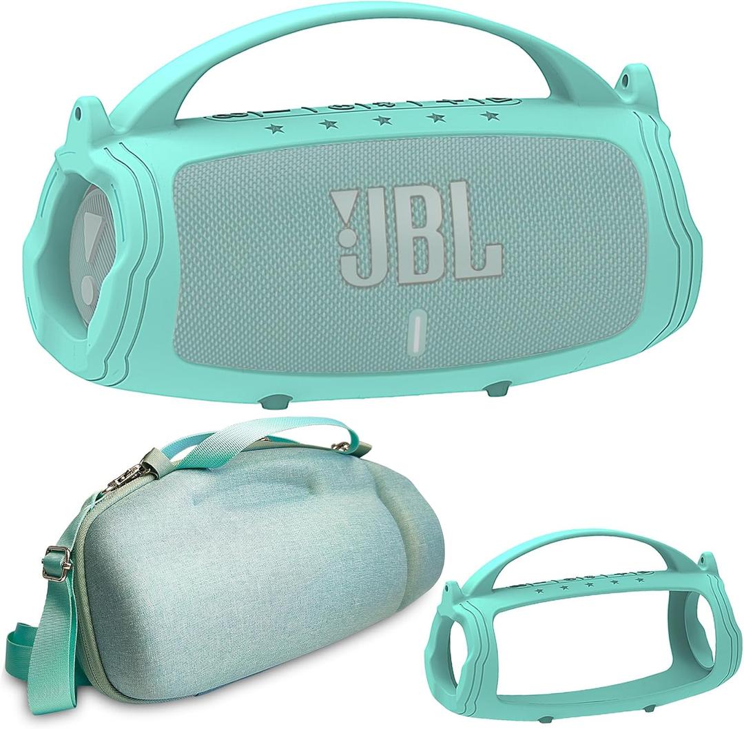 JCHPINE Silicone Cover and Hard Travel Case for JBL Charge 4 / Charge 5 Portable Bluetooth Speaker Accessories (Teal Case, NOT for Wi-Fi Version)