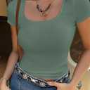LOLONG Womens Short Sleeve Ribbed T Shirts Summer Casual Square Neck Lace Patchwork Tops
