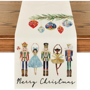 Artoid Mode Nutcrackers Balls Merry Christmas Table Runner, Seasonal Winter Kitchen Dining Table Decoration for Home Party Decor 13x60 Inch (Beige)