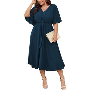 SCOMCHIC Women Plus Size Midi Dresses Wedding Guest Short Sleeve V Neck Tie Waist Casual Summer Flowy A Line Dress, Small