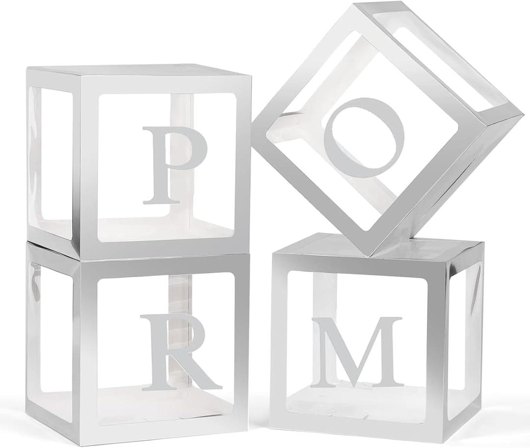 4 Pcs Prom Boxes with Letters 11.8 x 11.8 x 11.8 Inch Clear Prom Balloon Boxes Sliver for Prom Decorations 2025