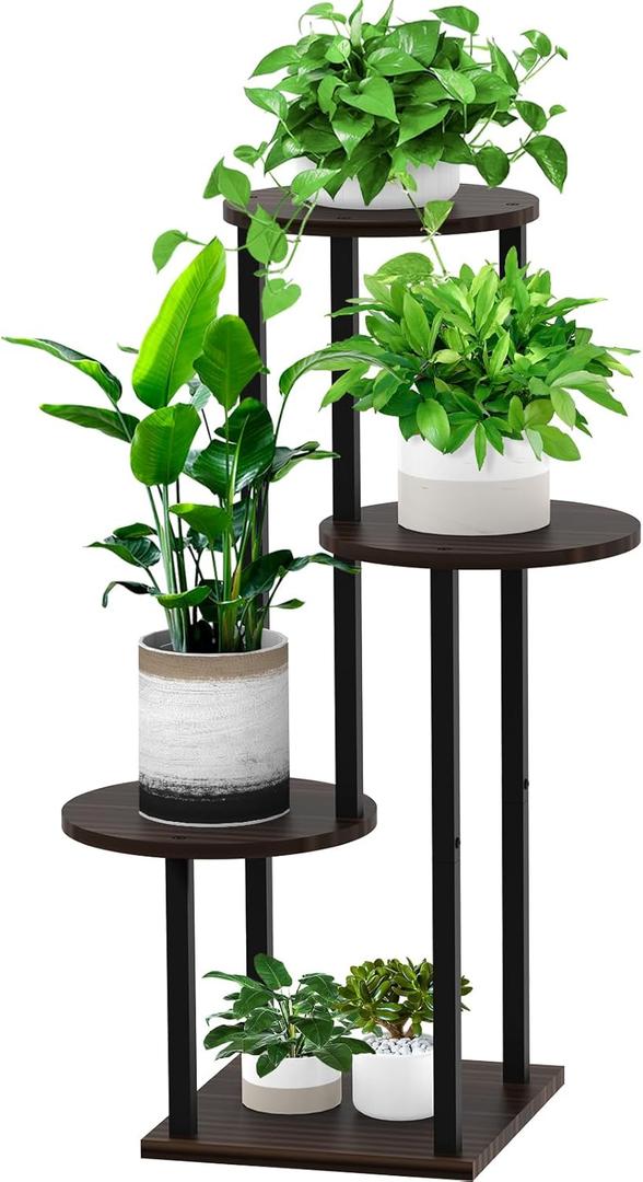 4 Tier Wood Tall Plant Stand Metal Rack Indoor, Multiple Flower Pot Holder Shelves Corner Rack, Round Planter Shelf Display Rack Storage Organizer for Patio Living Room Balcony(Black+Oak)