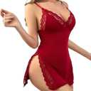CRIPOM Babydoll Lingerie for Women Sexy Nightgowns Lace Chemise Cute Sleepwear Cami Nightie Modal with Side Slits XS-3XL (XX-Large, 
Red)
