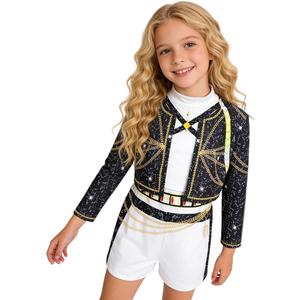 SAVITO Pop Idol Cosplay Costume Popular Singers Stage Costumes for Ages 3-12 Black Printed Costumes Black B (Size: 9-10 Years/150CM)
