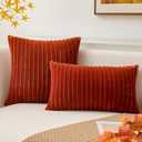 Kevin Textile Fall Solid Striped Velvet Corduroy Couch Chair Cushion Cover Throw Pillow for Seasonal Autumn, 20 x 20, 2 Pack, Burnt Brick