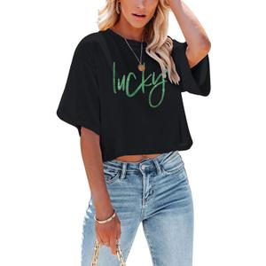 St Patricks Day Shirt Women Luck Shamrock Shirts Cute Saint Patricks Day Crop Top Irish Raglan Shirt (Black, S)