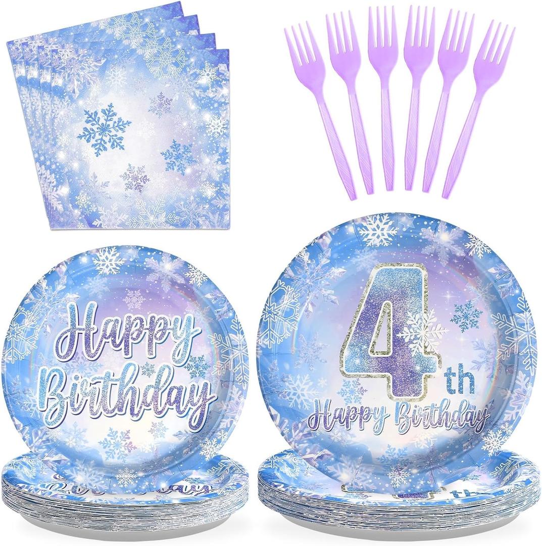 Grencian 96Pcs Frozen Party Supplies Plates Winter Onderland 4th Birthday Plates Winter Snowflake Happy 4th Birthday Tableware Disposable for Kids Girls Frozen Themed Party Christmas