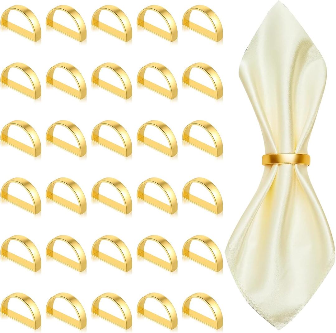 SHENLIU 30Pcs Gold Napkin Rings Set, Semicircle Metal Gold Napkin Holder Buckles Modern Serviette Buckles Metallic Adornment for Table Kitchen Dinner Party Wedding Christmas Valentine's Day