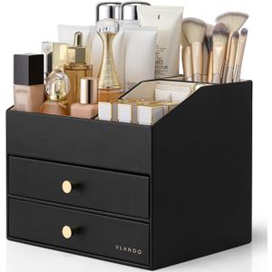 VLANDO Makeup Organizer for Vanity,Large Capacity Countertop Organizer with Drawers, PU Leather Cosmetic Display Case for Lipstick,Brushes,Skincare,Bedroom Storage (Black) (3 Layer)