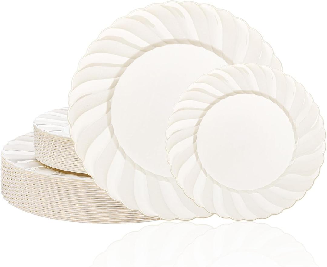 U-QE 60 Pcs Ivory Plastic Plates for Party Scalloped Plastic Plates Heavy Duty & Elegant Include 30 10.25" Dinner & 30 7.25" Dessert Plates - Perfect for Party & Wedding