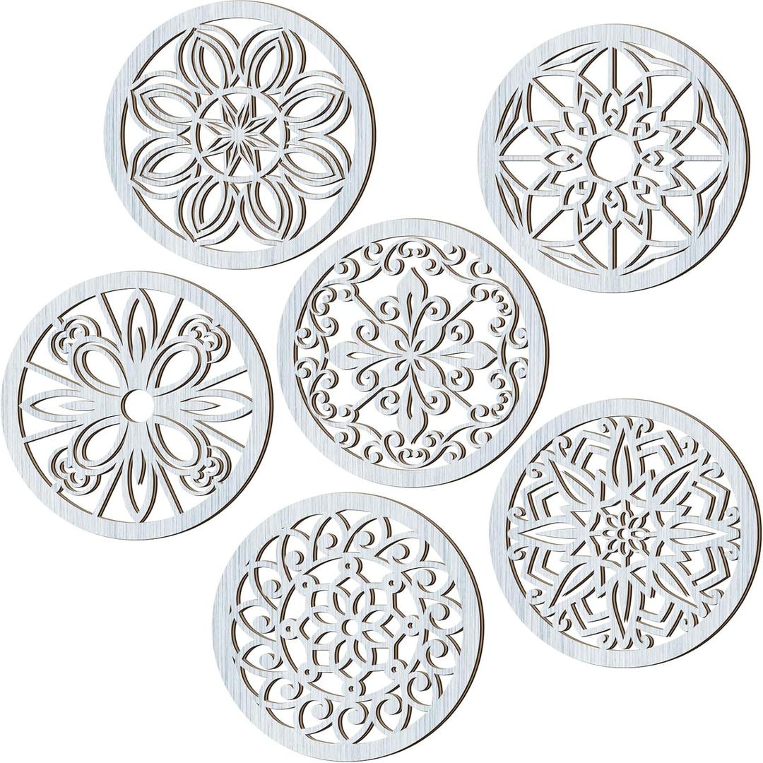 Ferraycle 6 Pieces Thicken Rustic Wall Decor Farmhouse Wall Art Wooden Round Art Hanging Decoration Hollow Carved for Living Room Bedroom Kitchen Office Apartment Hallway(Retro Grey)