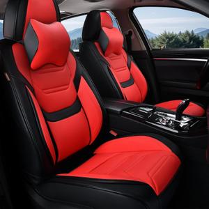 Car Seat Covers Full Set, Breathable Leather Automotive Front and Rear Seat Covers & Headrest for Reduce The Driving Fatigue, Compatible with Most Vehicles, Cars (Black&Red, Front Pair)