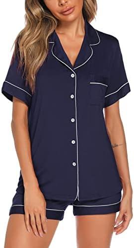 Aamikast Button Up Pajama Set for Women Shorts Short Sleeve Knit Sleepwear 2 Pice Pjs Sets Large