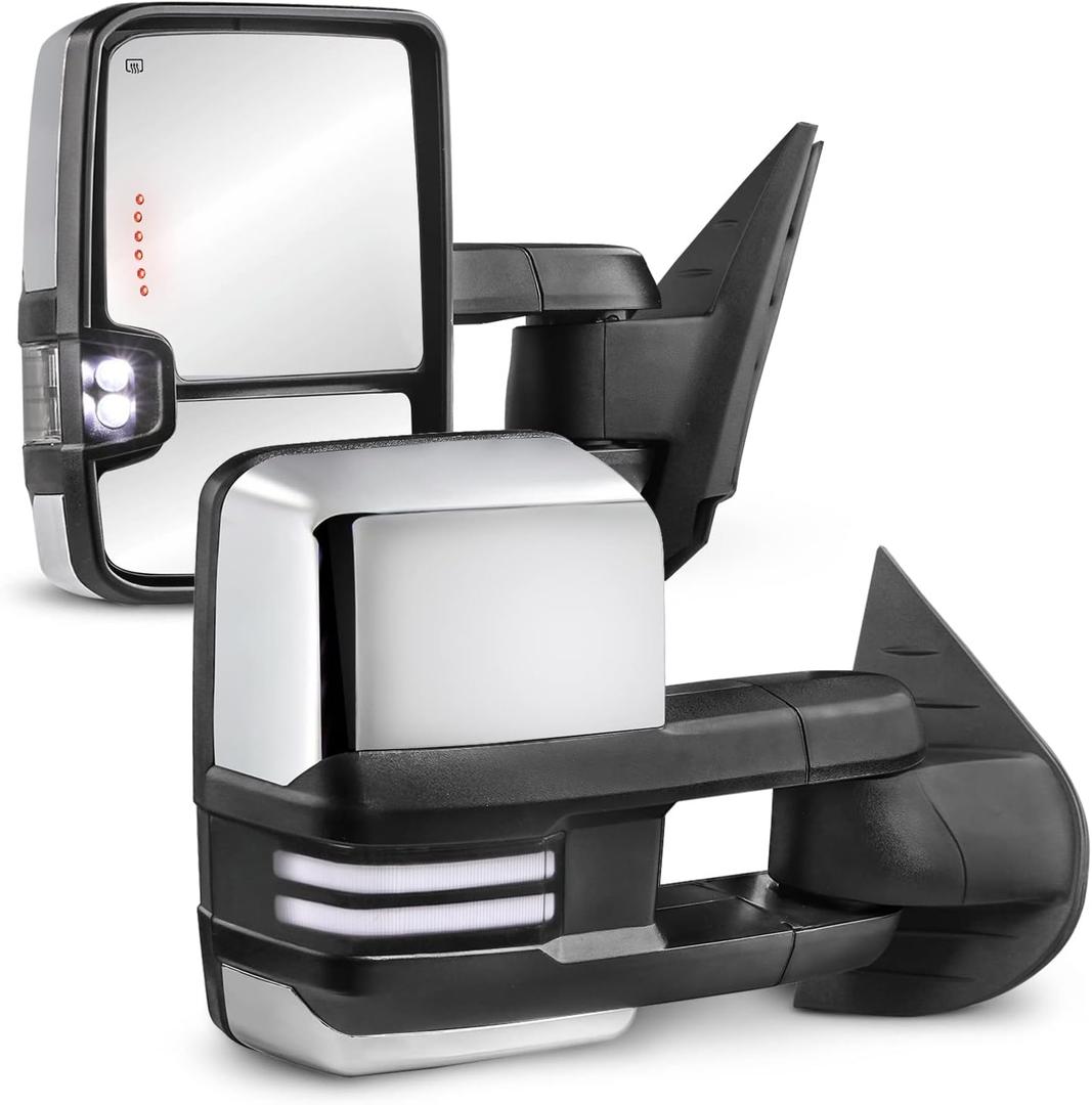 MOSTPLUS Power Heated Towing Mirrors Compatible with 2008-2013 Chevy Silverado Suburban Tahoe GMC Serria Yukon w/Sequential Turn light, Clearance Lamp, White Running Light(Set of 2)-Chrome