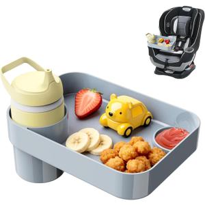 Car Seat Snack Tray for Toddlers - 3 Inch Cup Holder Fits Most Sippy Cups & Straw Bottles with Dip Well, Mess-Free Square Kids Travel Tray Road Trip Essentials, Grey