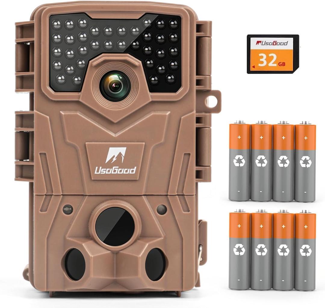 usogood Trail Camera,4K 36MP Game Camera with 8 Batteries&32GB Card,Trail Cameras with Night Vision Motion Activated Waterproof IP66, 120 Detection Angle,2.0Screen Trail Cam for Wildlife Monitoring (brown)