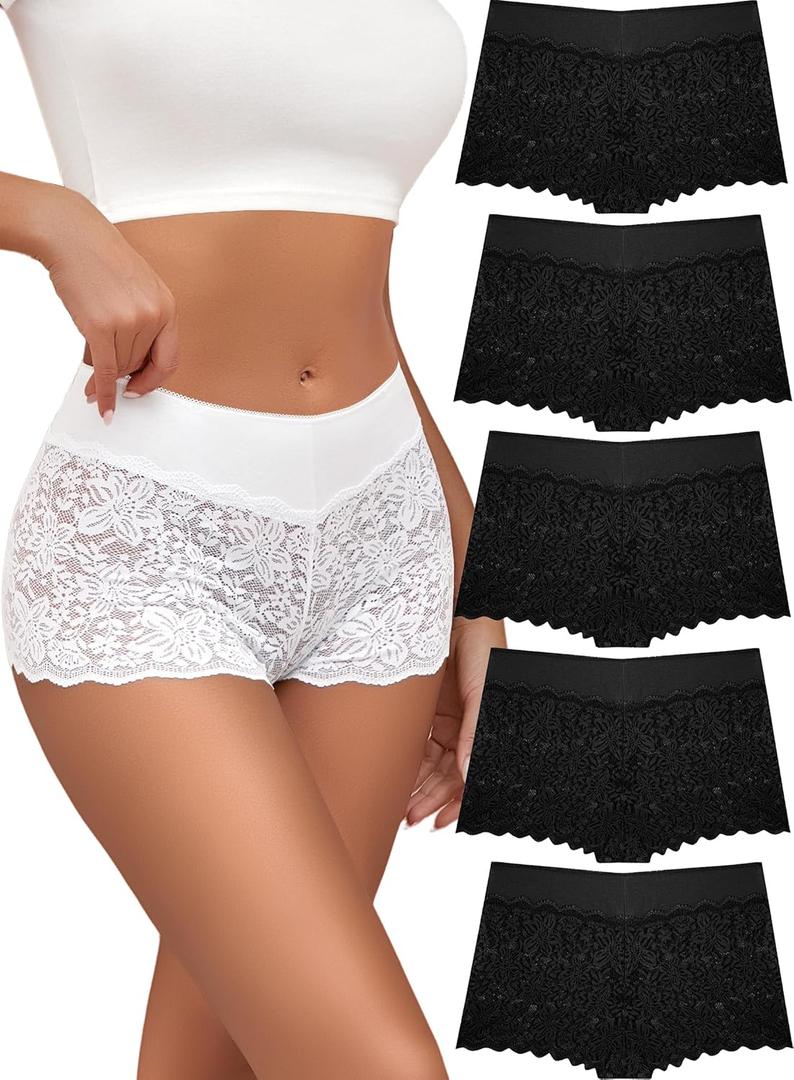 ALL OF SHE Lace Boyshort Sexy Underwear Womens Panties Cheeky Plus Size Lingerie Stretch Cotton Waistband XL 5 Pack