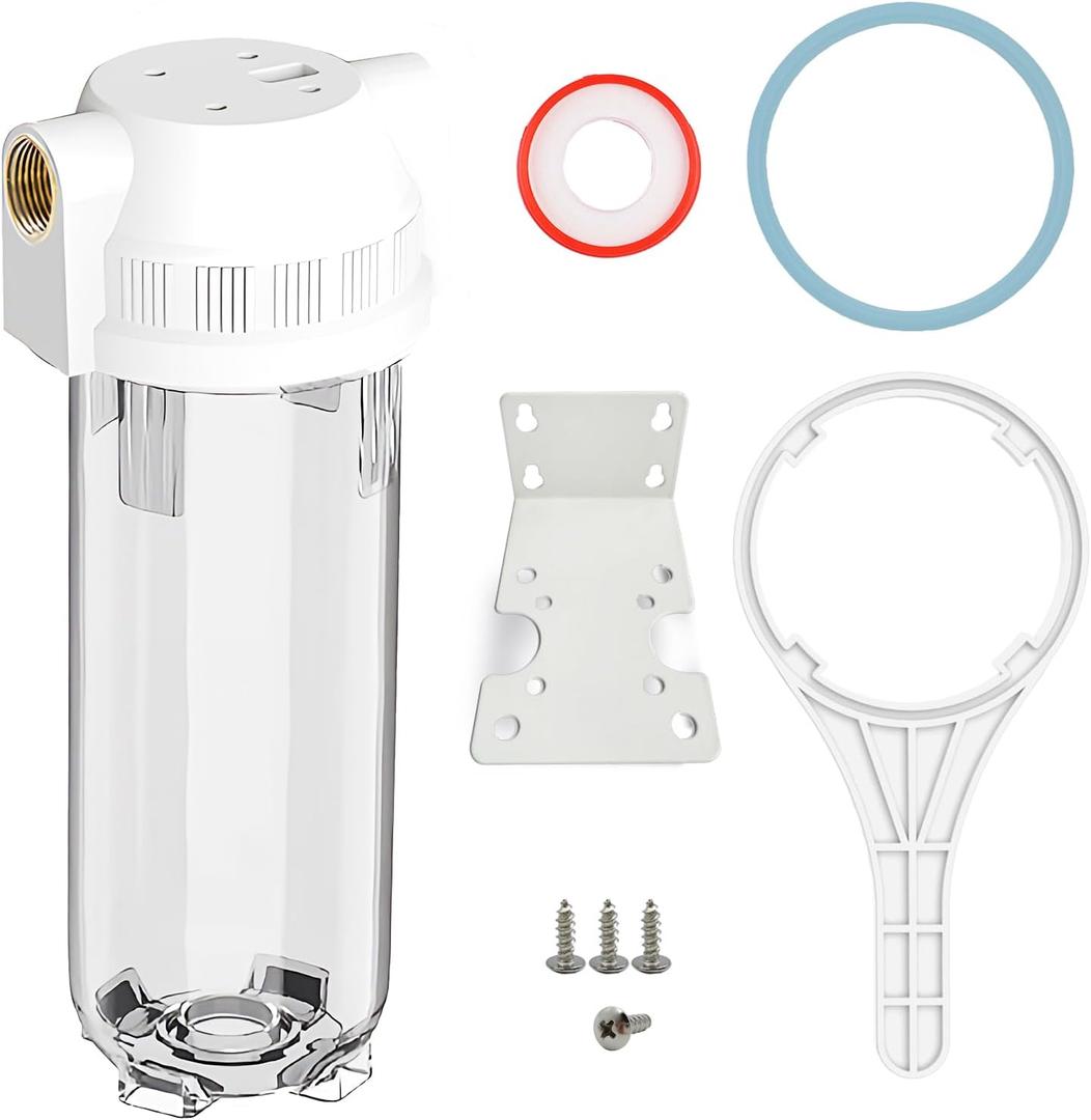 Whole House/RV Water Filter Housing Clear, 10" X 2.5" Inline Sediment Water Filter for RV, Home, Garden, Aquarium, Maple Syrup RO System, 3/4" NPT Brass Port,R-Type O-Ring,Heavy Duty Bracket-1025CBH