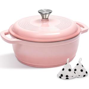 Cast Iron Dutch Oven Pot With Lid - AIVIKI 5QT Enameled Dutch Oven for Bread Baking With Cotton Potholders - Heavy- Duty Cookware Across All Cooktops, Wedding Registry Ideas & Gifts, Pink