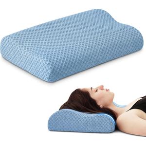 Neck Pillow for Sleeping, Travel Pillow, Camping Pillow, Ergonomic Memory Foam Compressible Medium Firm, Ideal for Home, Bedroom, Office and Camping (Blue, M) (M-17.7x12x4/3 In)