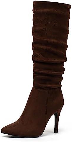 katliu Women Suede Knee High Boots Pointed Toe Stiletto Boot Slouchy Zipper High Heel Boots