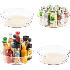 4 Pack Lazy Susan Organizer for Cabinet with Handle, 12 inch Clear Spinning Storage Lazy Susan Turntable for Pantry, Kitchen Sink, Fridge, Bathroom, Countertop, Non-Skid Liners Included, Round