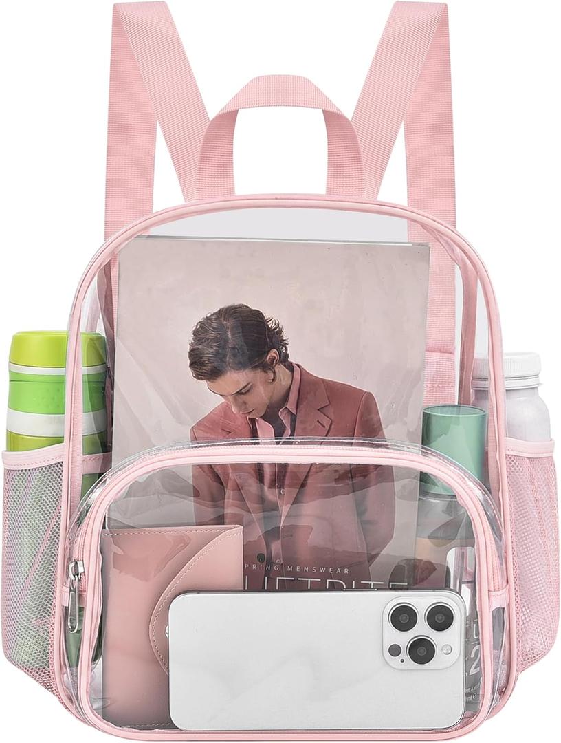 Busiuw Clear Backpack for Stadium Events Clear Backpack 12x12x6 with Front Pocket for Concert Sport Events Work Travel (Pink)