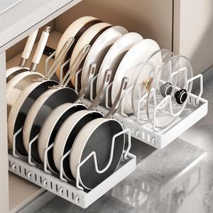 pots and pans organizer under cabinet,pot lid organizers inside cabinet holders for kitchen,Horizontal and vertical pulling modes,cast iron storage (White vertical pull-out)