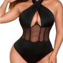 OYOANGLE Women's Plus Size Corset Bodysuit Cut Out Criss Cross Halter Sheer Body Suit Top (3X-Large Plus, Black)