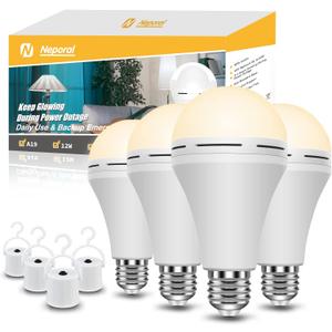 Neporal Emergency Rechargeable Light Bulbs Stay Light Up When Home Power Failure, 15W 80W Equivalent LED 1200mAh Self Charging Emergency Light Bulb for Power Outage, Camping, Tent (Warm White 4PK)