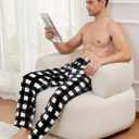 2 Pack Mens Plush Pajama Pants, Fluffy Warm Fleece Sleep Pj Soft Lounge Bottoms with Pockets for Winter (Black, L)