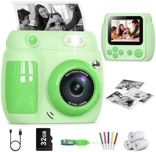 Kids Camera Instant Print, Birthday Gifts for Girls Boys with 3 Rolls Print Paper & 32GB Card, 48MP Toddler Digital Camera 1080P HD Video Toys Camera for Kids 3-12, Green