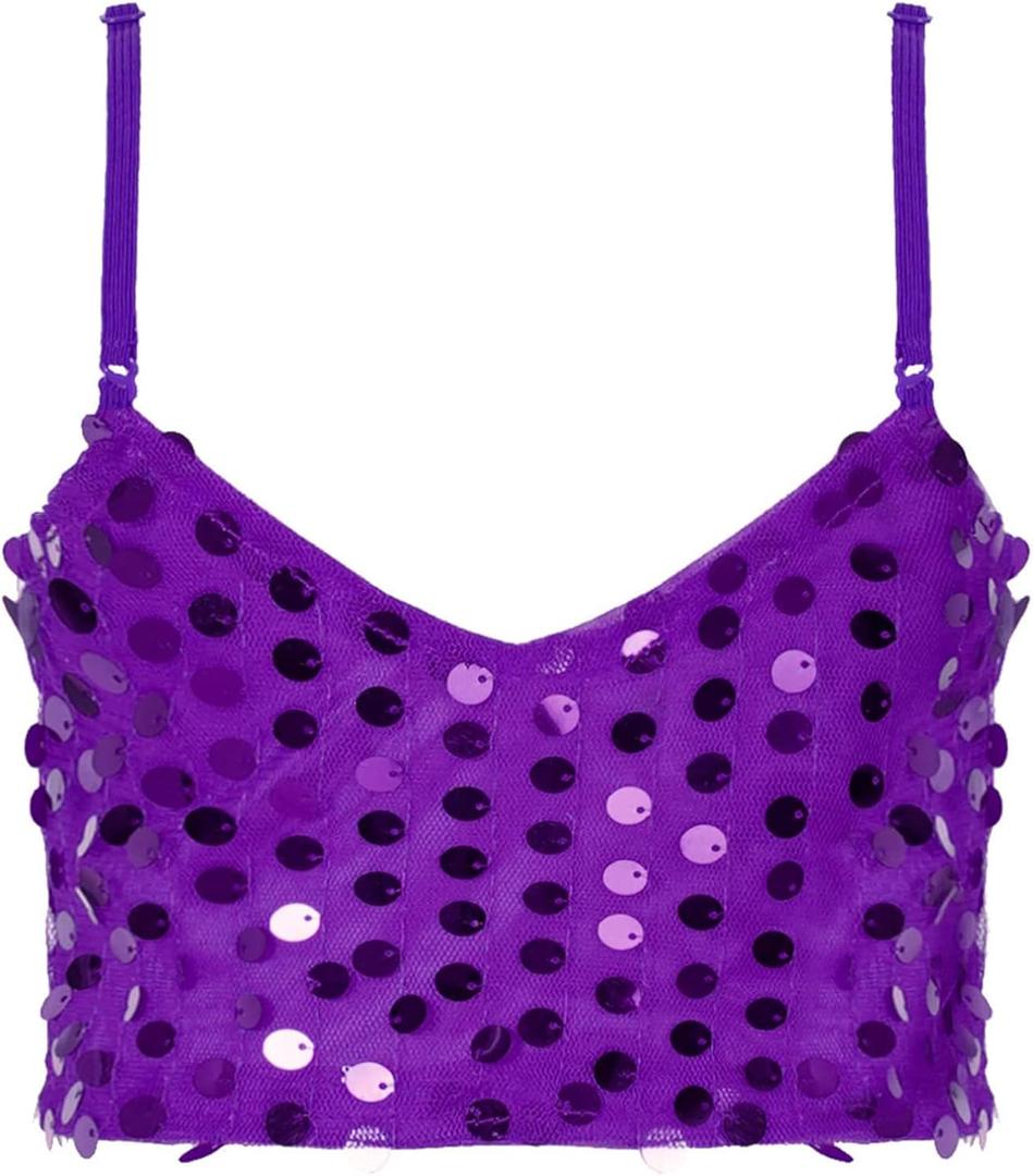 DRHOM Girls Sequins V Neck Dance Tops Straps Jazz Latin Hip Hop Modern Dance Bra Vest Shirt Stage Performance Costume, S