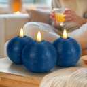 3 x Yongmao Flameless Candles with Remote, Blue Round Candles Ball LED Battery Operated Real Wax Candles Warm Light 3D Wick Flickering for Home Party Wedding Decor (Set of 3)