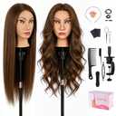 26''Real Hair Mannequin Head,TopDirect 100% Amber Brown Hairdresser Cosmetology Mannequin Doll Head Styling,Manikin Heads Hairs Braiding DIY Styling with Clamp Holder and Tools Set