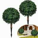 THKFUL Artificial Topiary Ball Tree Boxwood Ball Outdoor Set of 2,Fake Topiary Ball Plants for Porch -Boxwood Gazing Ball Everygreen Artificial Plants Faux Shrubs with Spike 17" for Garden Spring (Green)