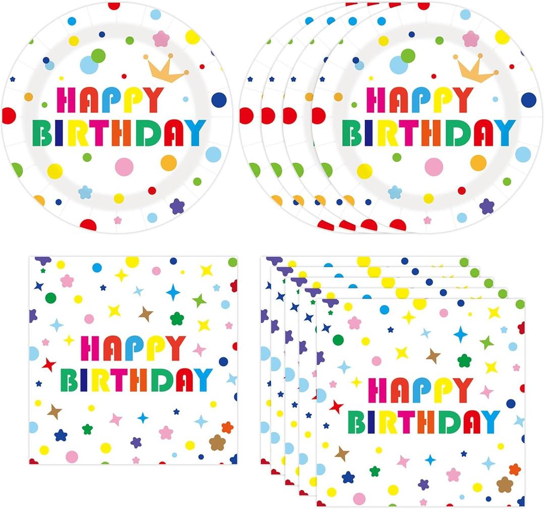 2 x 40Pcs Happy Birthday Plates and Napkins Set, Disposable Polka Dot Paper Plates Party Plates and Napkins for Birthday Party Supplies Tableware Set