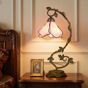 Tiffany Table Lamp Pink Flower Stained Glass Lamp Metal Leaf Base | 7.5" W x 20.2" H Vintage Bedside Reading Desk Lamp, Nightstand Lamp for Living Room, Bedroom, Home Office, Bulb Included