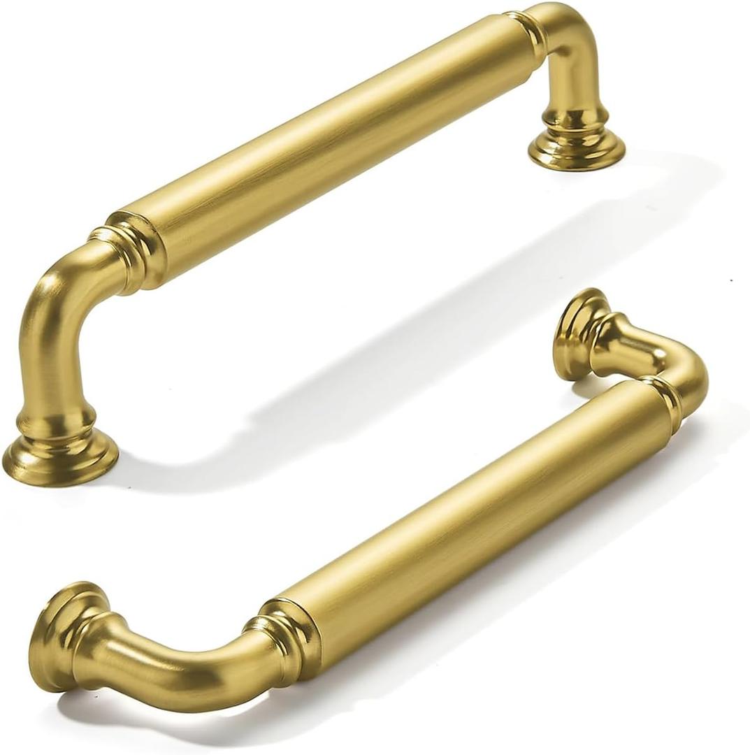 khtumeware 10-Pack Vibrant Brushed Brass Cabinet Pulls Modern Heavy-Duty Solid 5 Inch(128mm) Hole Center Drawer Pulls Cabinet Hardware Suitable for Kitchen Cabinets Bathrooms