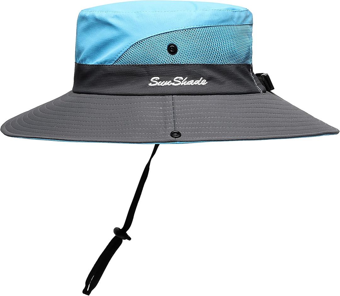 Womens Summer Sun Hat Beach Hat Wide Brim Outdoor UV Protection Hat Foldable Cool Mesh Ponytail Bucket Hat (6-7, Sky Blue-gray)