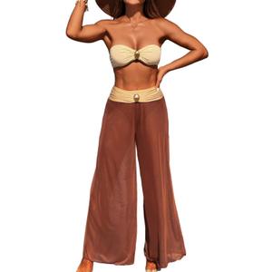 3 Piece Swimsuits for Women Tummy Control Bikini Set with Beach Cover Up Mesh Pants Sexy Tube Tops Swimwear (M)