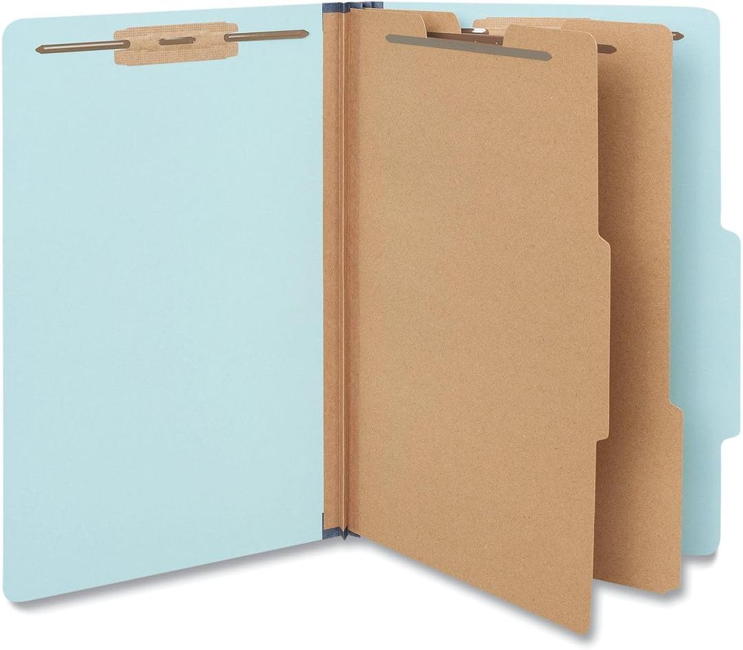 Universal Six-Section Classification Folders, Heavy-Duty Pressboard Cover, 2 Dividers, 6 Fasteners, Legal Size, Light Blue, 20/Box